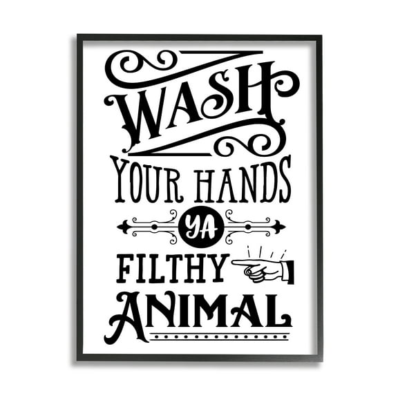 Stupell Industries Wash Your Hands Vintage Symbol Serif Typography Graphic Art Black Framed Art Print Wall Art, Design by Lettered and Lined