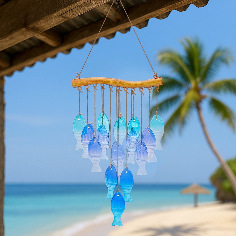 Glass Fish Tassel Wind Chimes with Iron Hook for Window Outdoor Garden Decor Dark Turquoise 550mm DIY