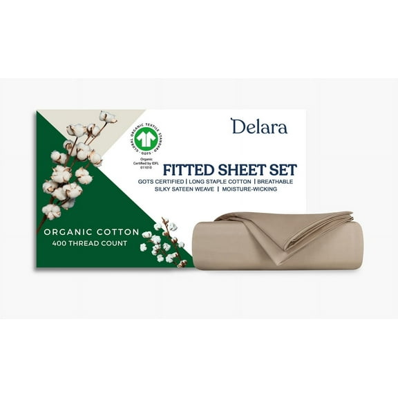 Delara California king 3-Piece GOTS Organic Cotton Fitted Sheet Set, 400TC Long-Staple, Moisture-Wicking, Smooth & Breathable, Deep Pocket, Natural