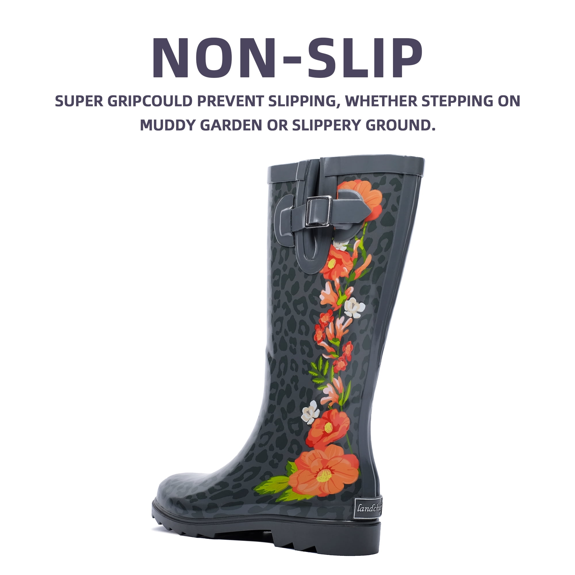 Landchief Women's Tall Waterproof Rubber Rain Boots for Garden, Size 7, Red Flowers