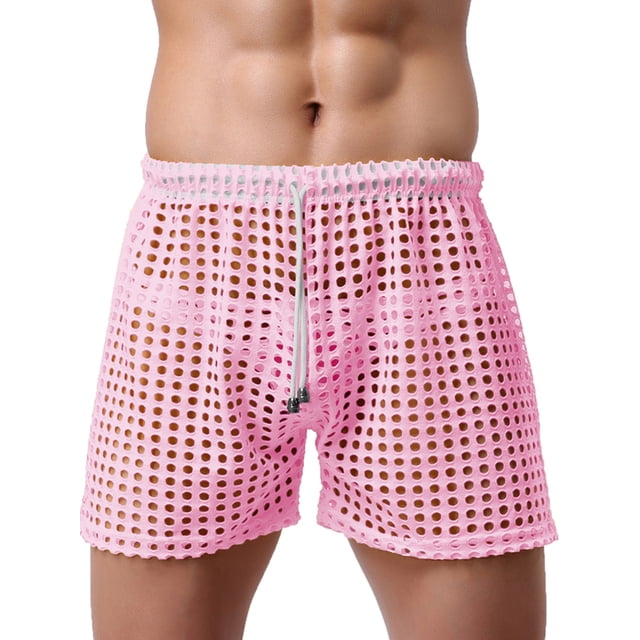 WIFORNT Men's Fishnet Casual Shorts Solid Color Mesh Drawstring Loose Lounge Shorts Swim Shorts