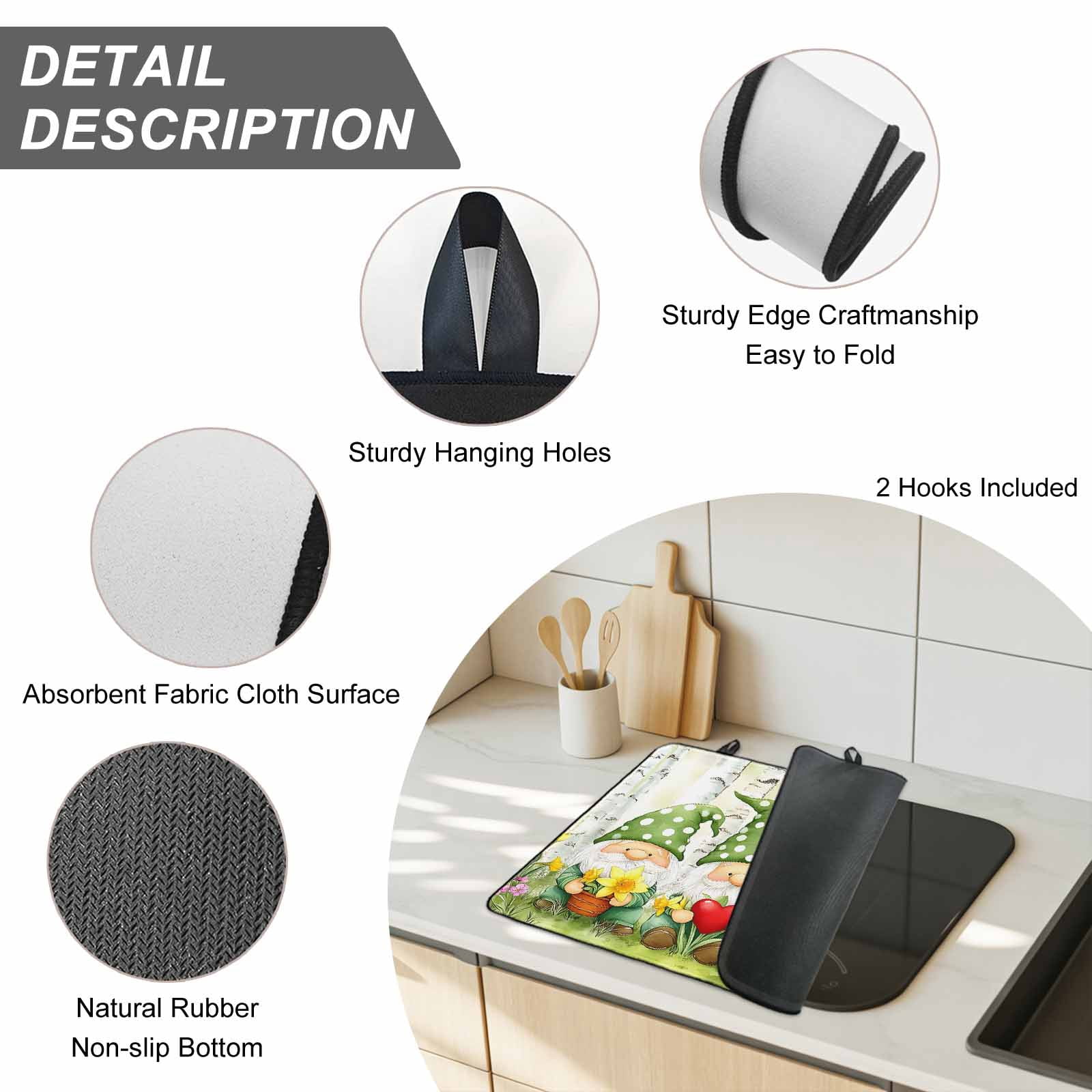 Cute Green Gnomes Stove Top Cover for Electric Stove, Heat-proof & Non Slip Glass Top Stove Cover Protector, Flowers Forest Heart Vintage Kitchen Flat Cooktop Rubber Mat 24x21 Inches