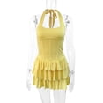 thumbnail image 6 of Women's Chic Mini Tiered Dress Halter Neck Square Collar Sleeveless Ruffle Hem Fit and Flare Short Party Dress Corset Style Waist Cocktail Club Night Out Wear, 6 of 9
