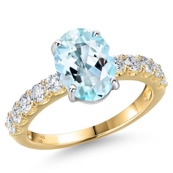 Gem Stone King 14K Two Tone Gold Sky Blue Topaz and Lab Grown Diamond Engagement Ring for Women | 3.65 Cttw | Oval 10X8MM | Gemstone November Birthstone | Size 5