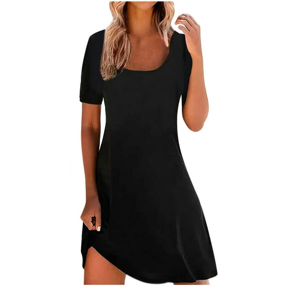 ICHUANYI Dress For Women, Womens Short Sleeve Sundress Flowy Dress Solid Casual Loose Dresses Fashion Cloth 2024
