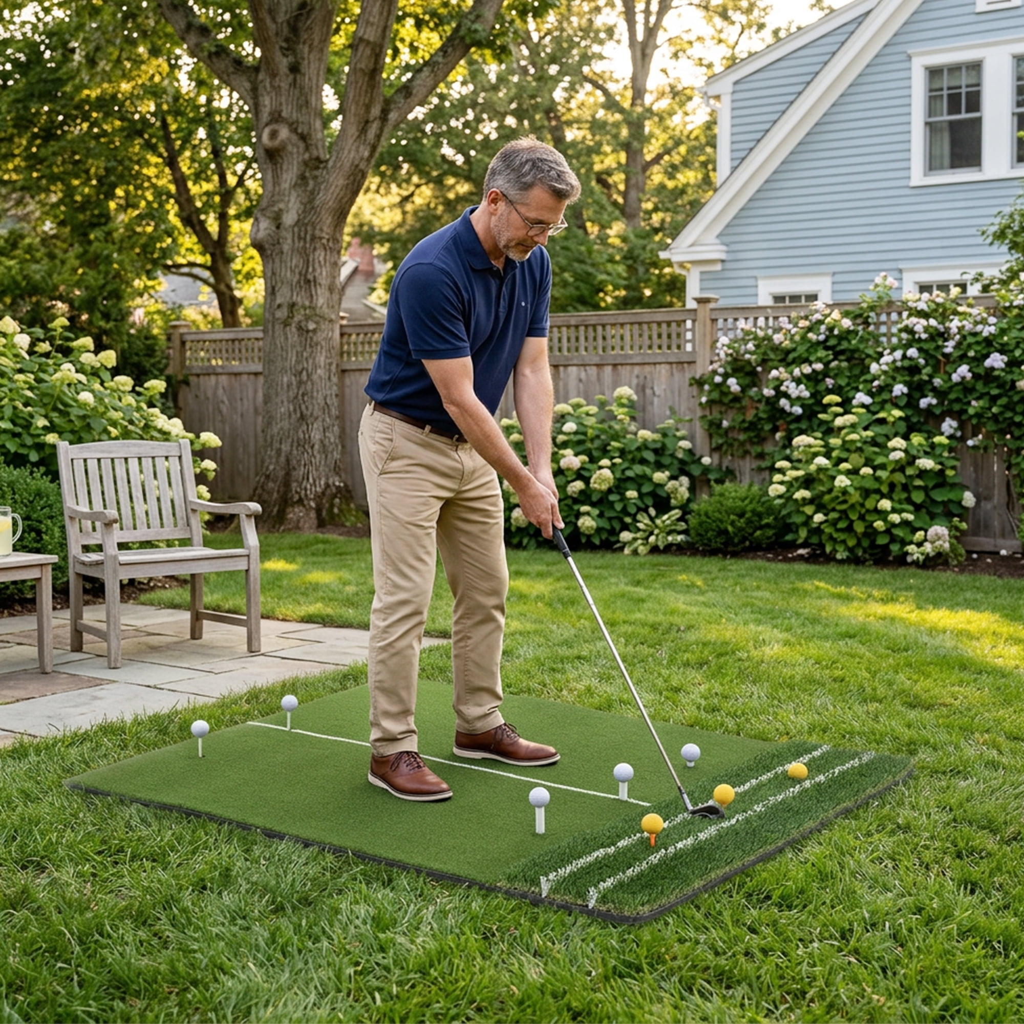 Golf Hitting Mat 5x4-Foot with Guide Line and 9 Tee Positions, Heavy Duty Swing Turf for Indoor and Outdoor Practice, Green