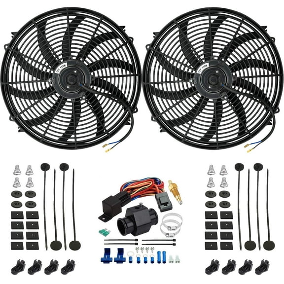Dual 16-17 Inch Electric Fans Radiator Hose In-Line Ground Temp Switch Kit