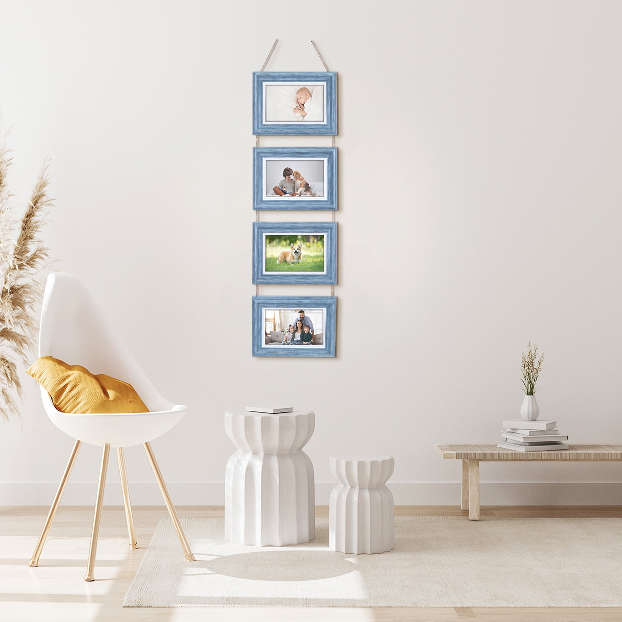 Unique Bargains Picture Frames with Rope for Wall Decor Blue Three Horizontal 4x6