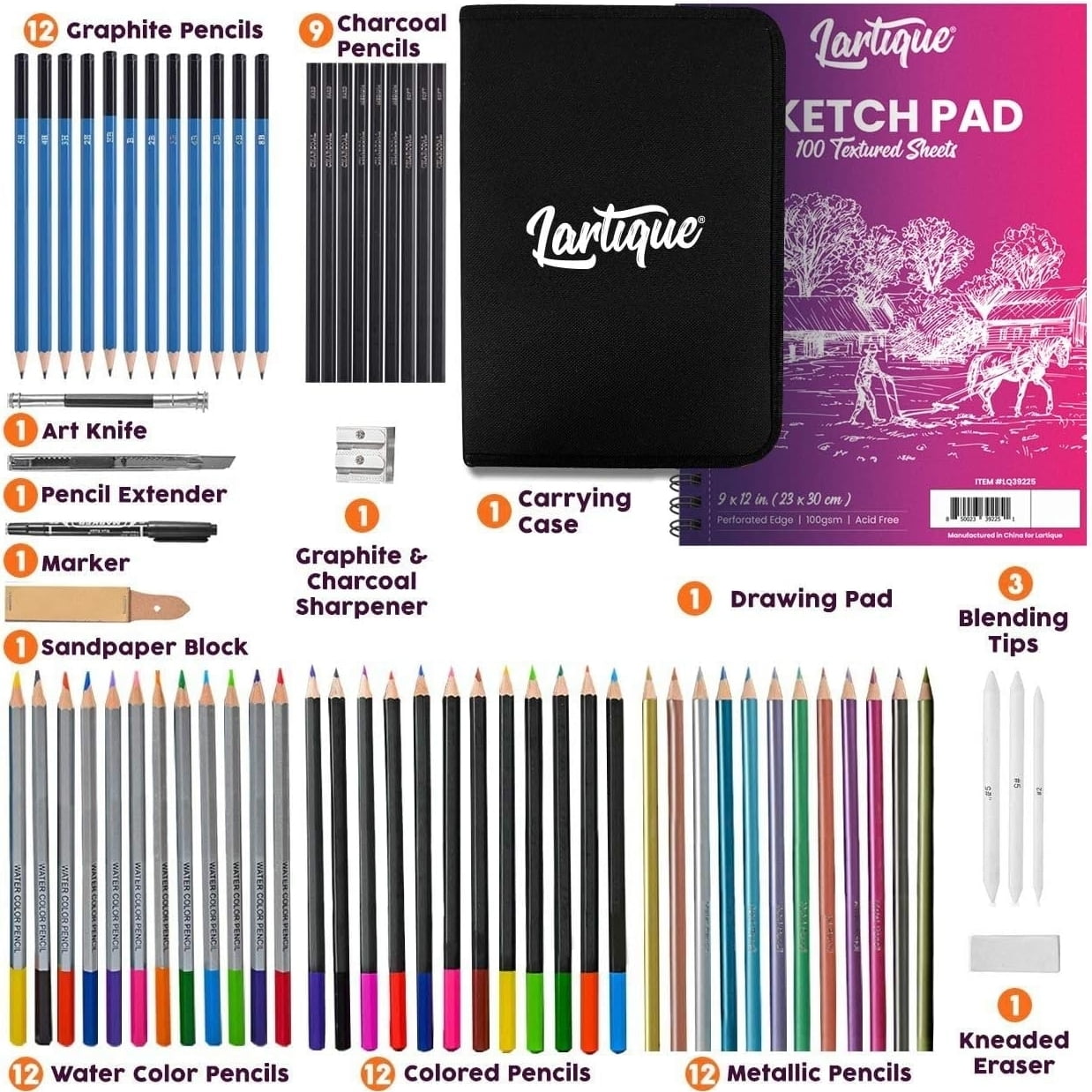 Lartique Art Supplies, 32 Piece Drawing Kit with Sketching Pencils and Drawing Supplies, for Artists