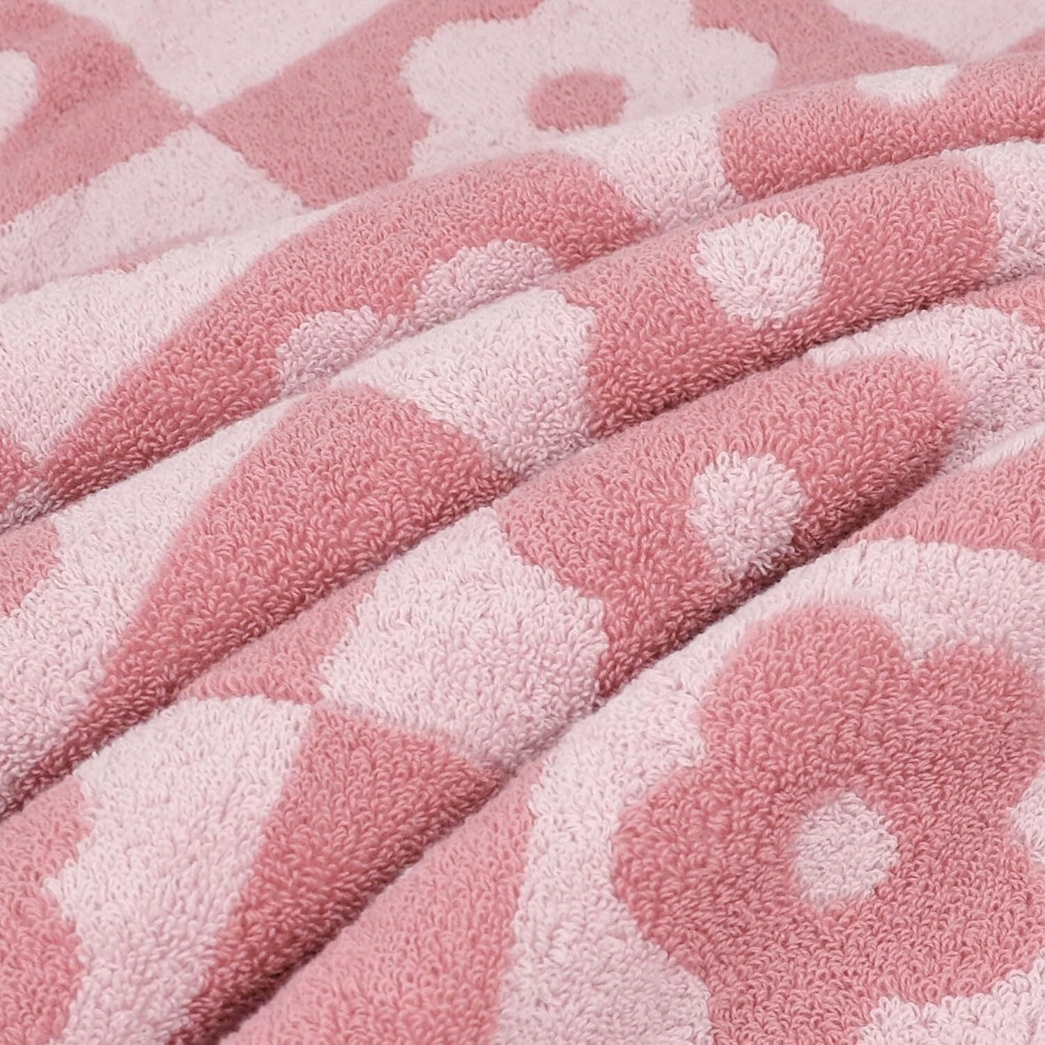 2-Pieces Luxury Bath Towels Checkered Floral, Pink Shower Towel for Women Girls 27.5x55 Inches, 100% Cotton Absorbent Body Towels