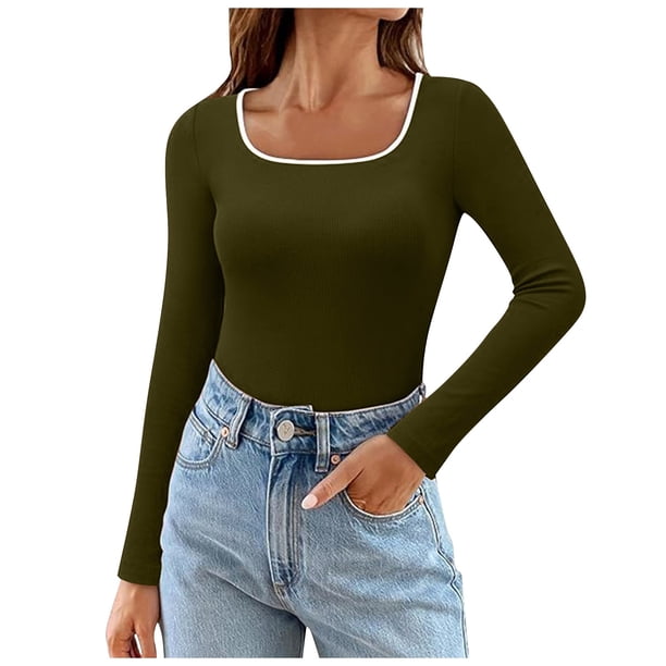 Top de manga larga con cuello cuadrado para mujer - Jersey de punto otoño 2025, corte ajustado, bloques de color, poliéster/spandex, tallas S-XL, contorno de pecho 79-95 cm