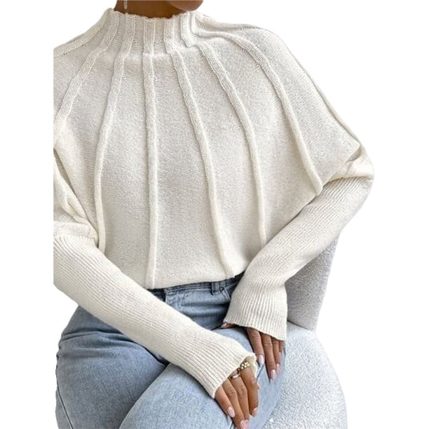Suéteres de Punto con Mangas Murciélago y Cuello Alto para Mujer. Crema M