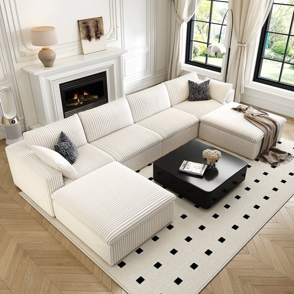 157.5" U Shaped Modern Sofa Modular Sectional Cloud Couch with 2 Ottoman,Deep Seat Upholstered Couches with Corduroy Fabric for Living Room Furniture,Bedroom and Apartment,No Assembly Required,White