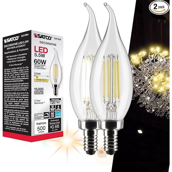 Satco S21304 5.5W CA10 LED Bulb, E12 Base, Clear, 2700K Warm White, 500 Lumens, 90 CRI, Dimmable, 60W Replacement, 2 Pack