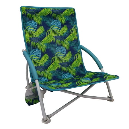 Mainstays Folding Low Seat Soft Arm Beach Bag Chair with Carry Bag, Green Palm