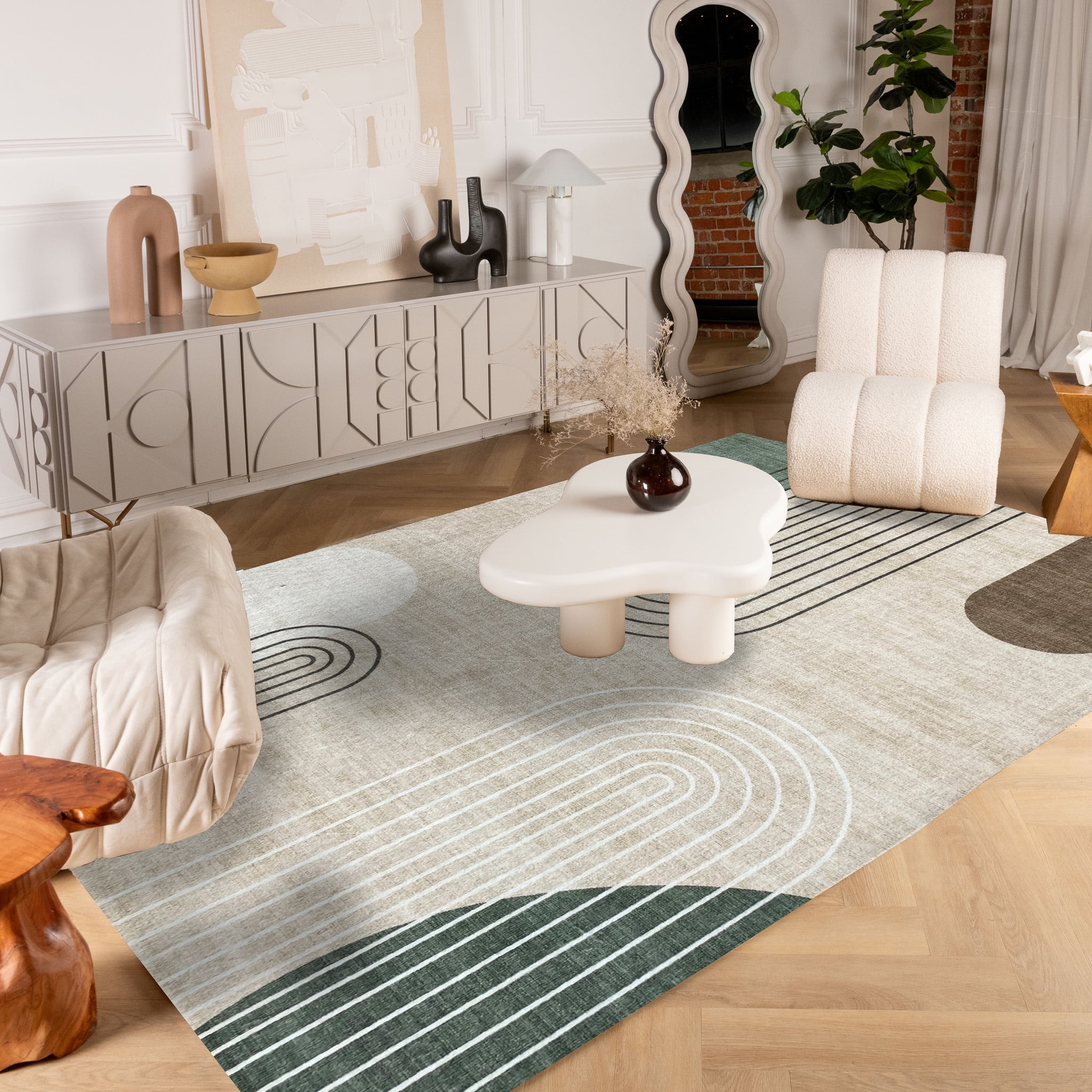 Tapis d'interieur moderne du milieu du siecle Rug Branch Eclipse, beige vert, abstrait - Salon, chambre, salle a manger et bureau