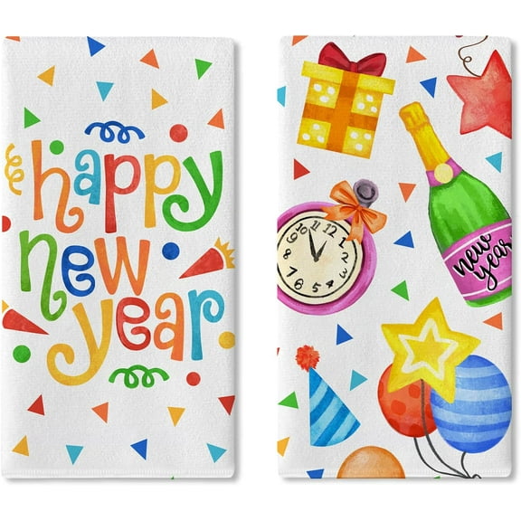 Happy New Year 2026 Kitchen Dish Towels Set of 2, Colorful Clock Champagne Gift Balloon Drying Hand Towels Baking Cooking Cloth, Celebration Christmas Winter Home Kitchen Decoration 18 x 26 Inch