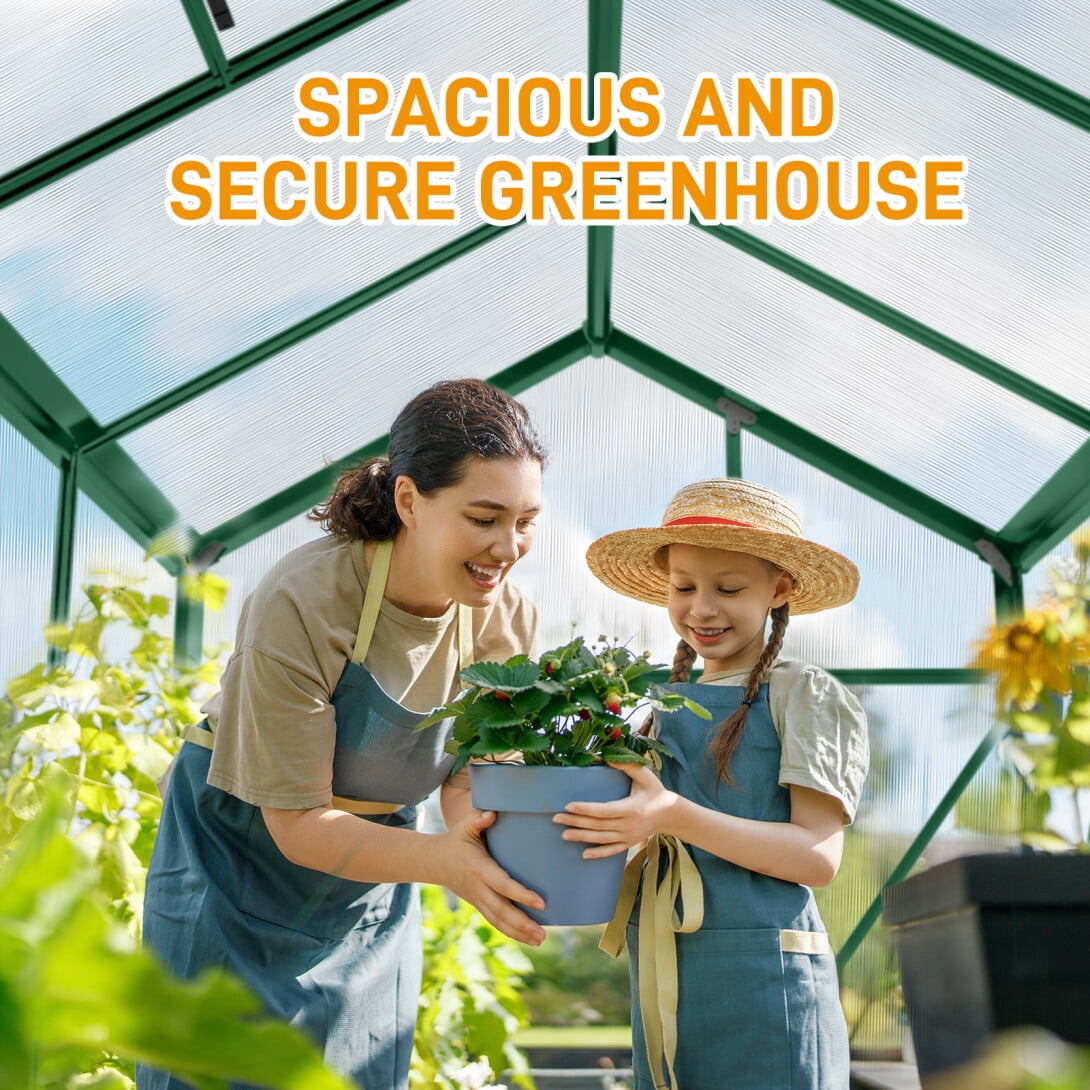 6x10 FT Greenhouse for Outdoors, Polycarbonate Greenhouse with Roof Vent and Sliding Door, Aluminum Large Walk-in Greenhouse for Outside Garden Backyard, Green