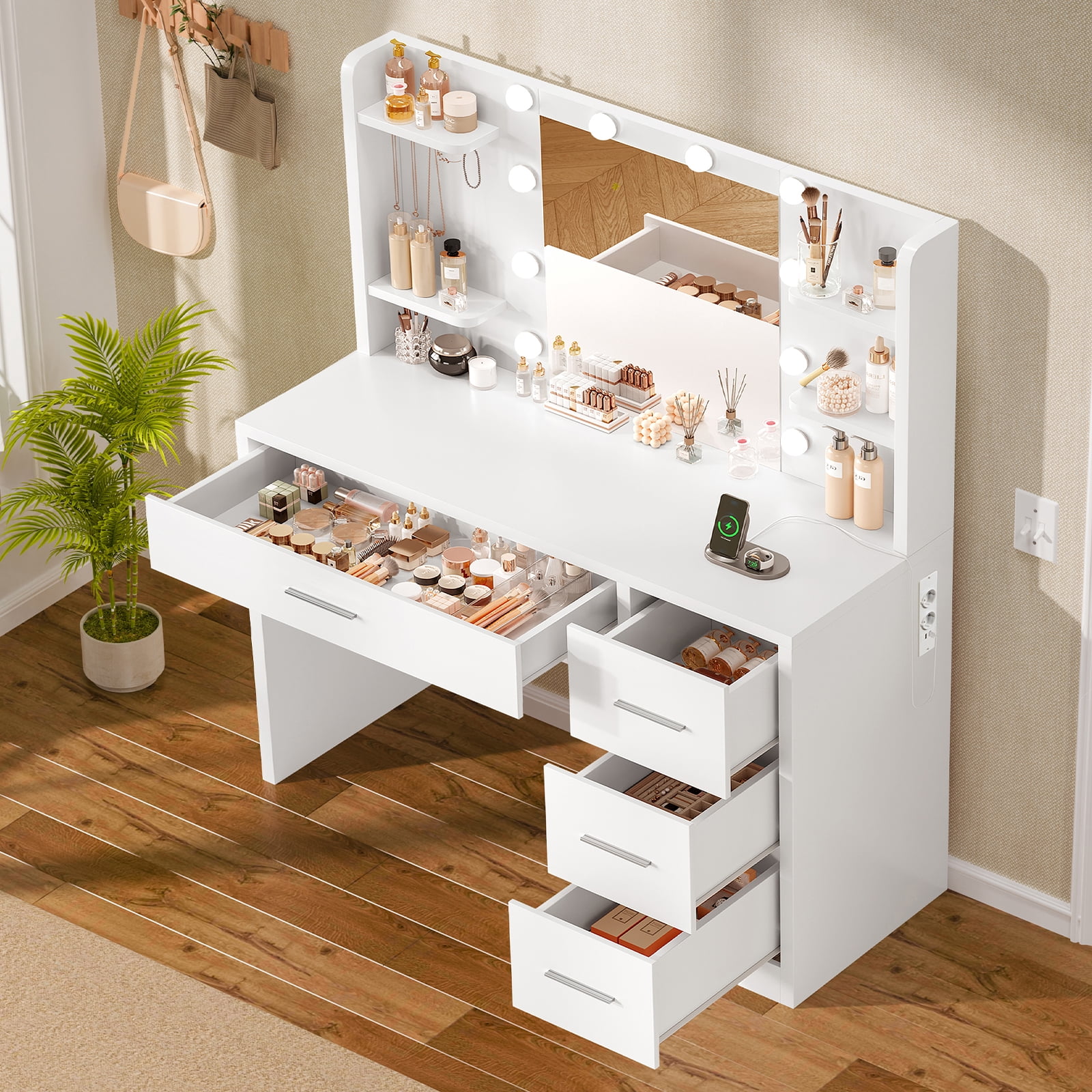 Makeup Vanity Set with Mirror & Lights, Vanity Desk with 4 Drawers, Vanity Table with Power Outlet, 3 Color Modes & Adjustable Brightness