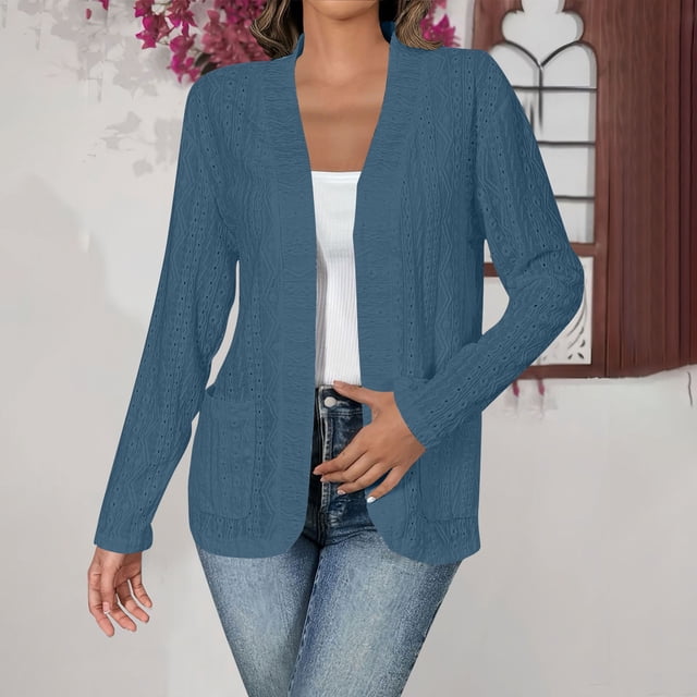 Cárdigan de mujer de color de manga larga, blusa informal con bolsillo, cárdigan de señora, chaqueta de algodón de imitación