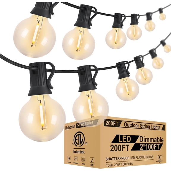 200FT (2x100FT) Globe Outdoor Lights String, Dimmable LED Patio String Light with 68 G40 Shatterproof Plastic Bulbs for Outside Party Porch Backyard Bistro