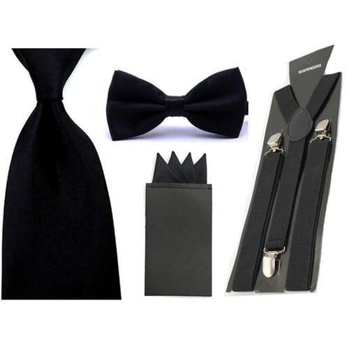 Men Solid Bowtie 8cm Necktie 4 Folds Hanky Pocket Square Braces Suspender Set