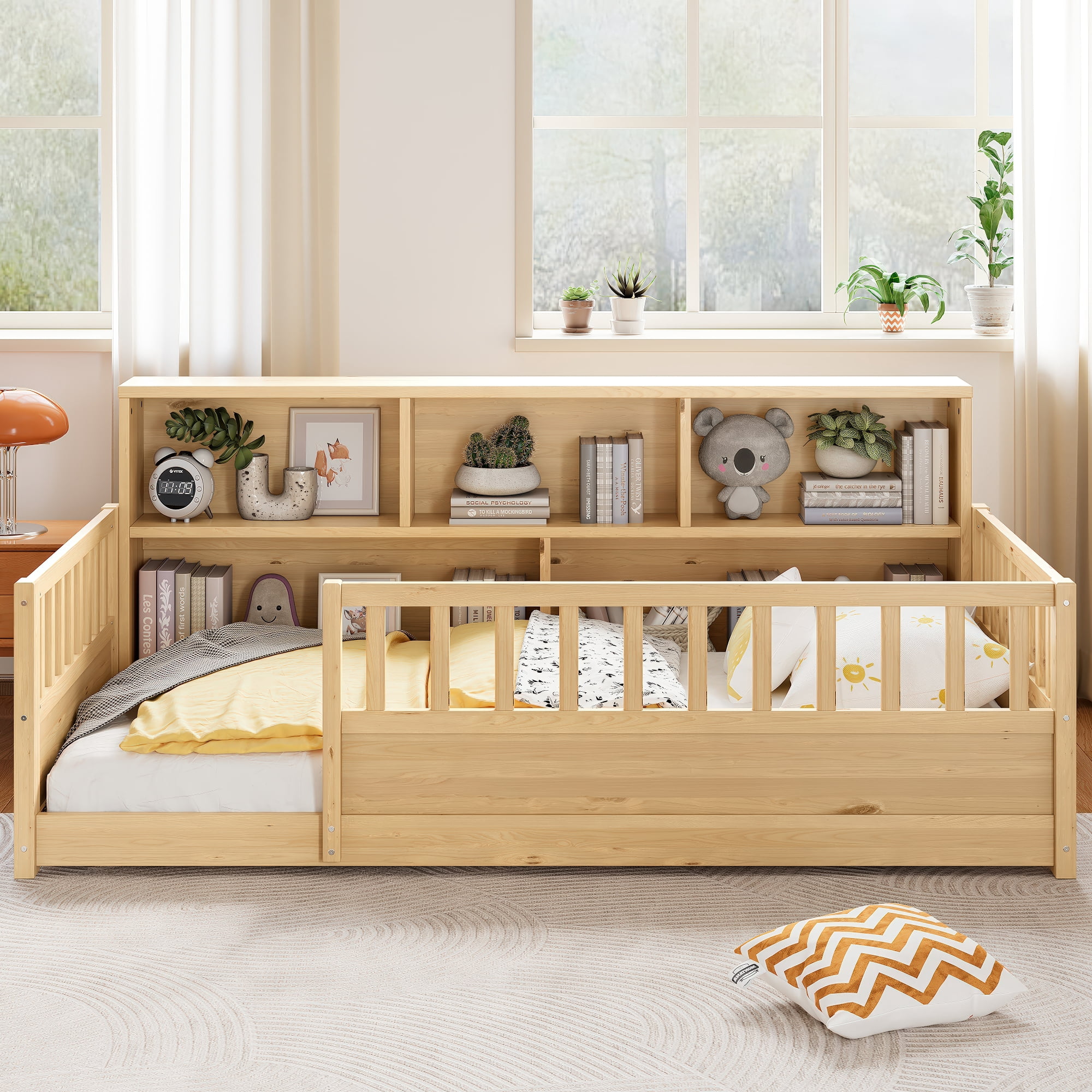 Miniyam Twin Size Wood Floor Bed with Guardrails, Storage & Bookshelf – Safe, Durable Design for Kids' Bedroom, Natural