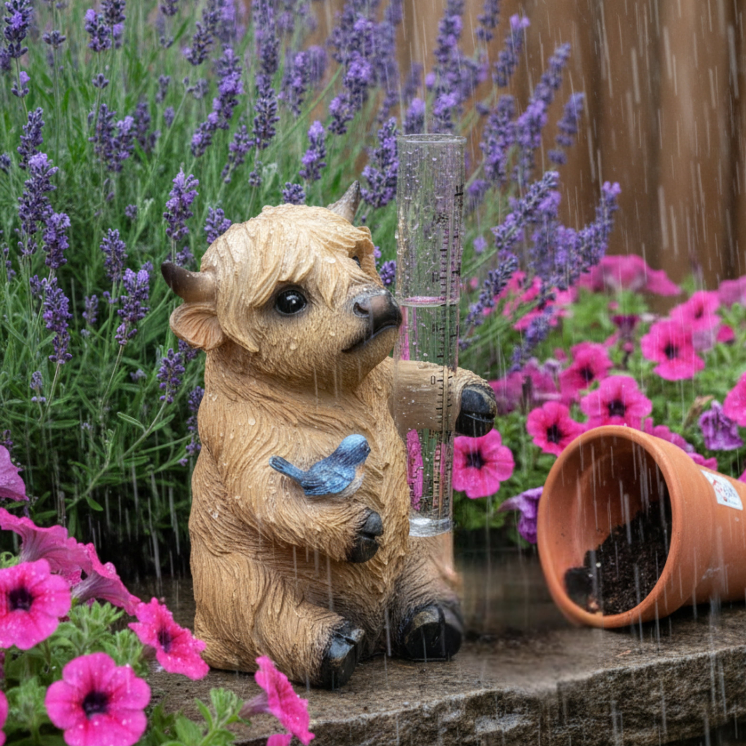 Highland Cow Rain Gauge – Outdoor Resin Garden Decor, Rustic Farmhouse Yard Statue