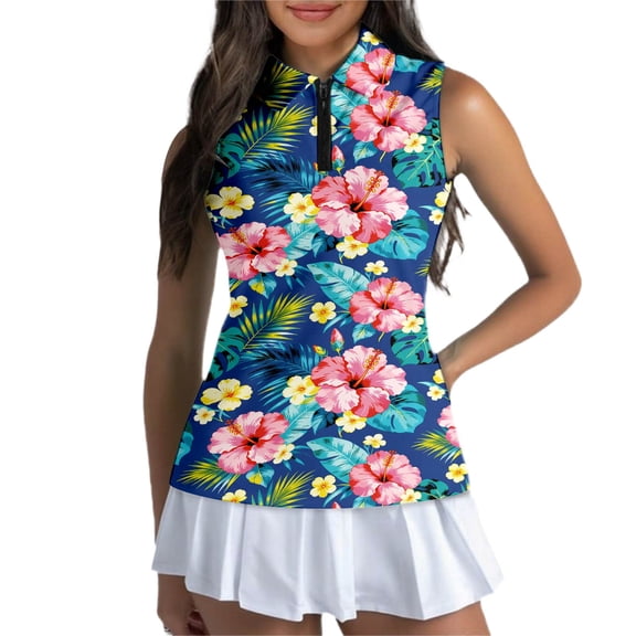 Trendfront Womens Polo Shirt Hawaiian Tank Zip Up Henley Neck Sleeveless Hibiscus Flower Graphic Print Tee Tropical Palm Leaves Golf Tennis Athletic Sport Tops
