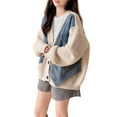 thumbnail image 3 of Women's Cardigans Fall Winter Warm Trendy Button Down V Neck Knitted Denim Patchwork Sweater Jacket Open Front Casual Long Sleeve Womens Sweaters White One Size, 3 of 6