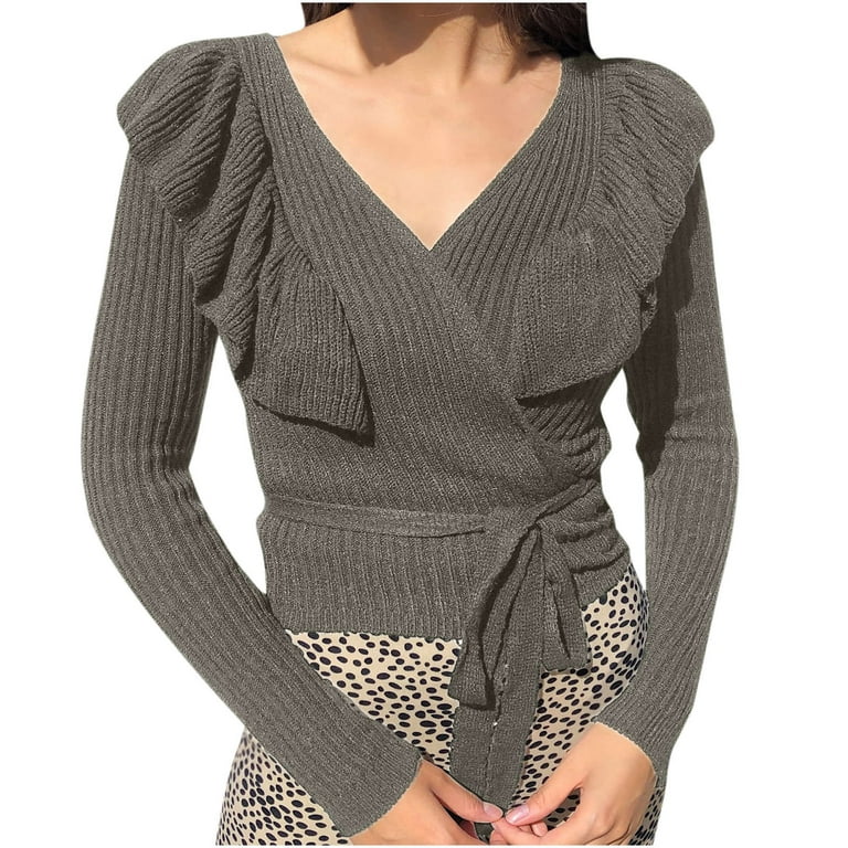 plus sweater for women trendy Women Summer Casual Loose Full-Sleeve Solid V Neck Ruffles Bandage Blouse Sweater sudadera tallas grandes para mujer de moda - Walmart.com