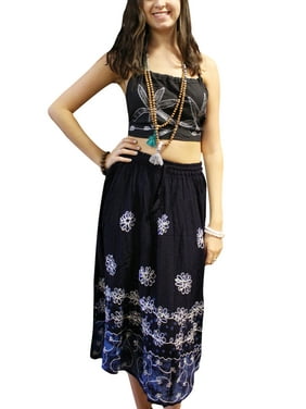 Mogul Women's Long Maxi Skirt Bohemian Batik Embroidered Blue A-Line Rayon Hippy Boho Skirts L