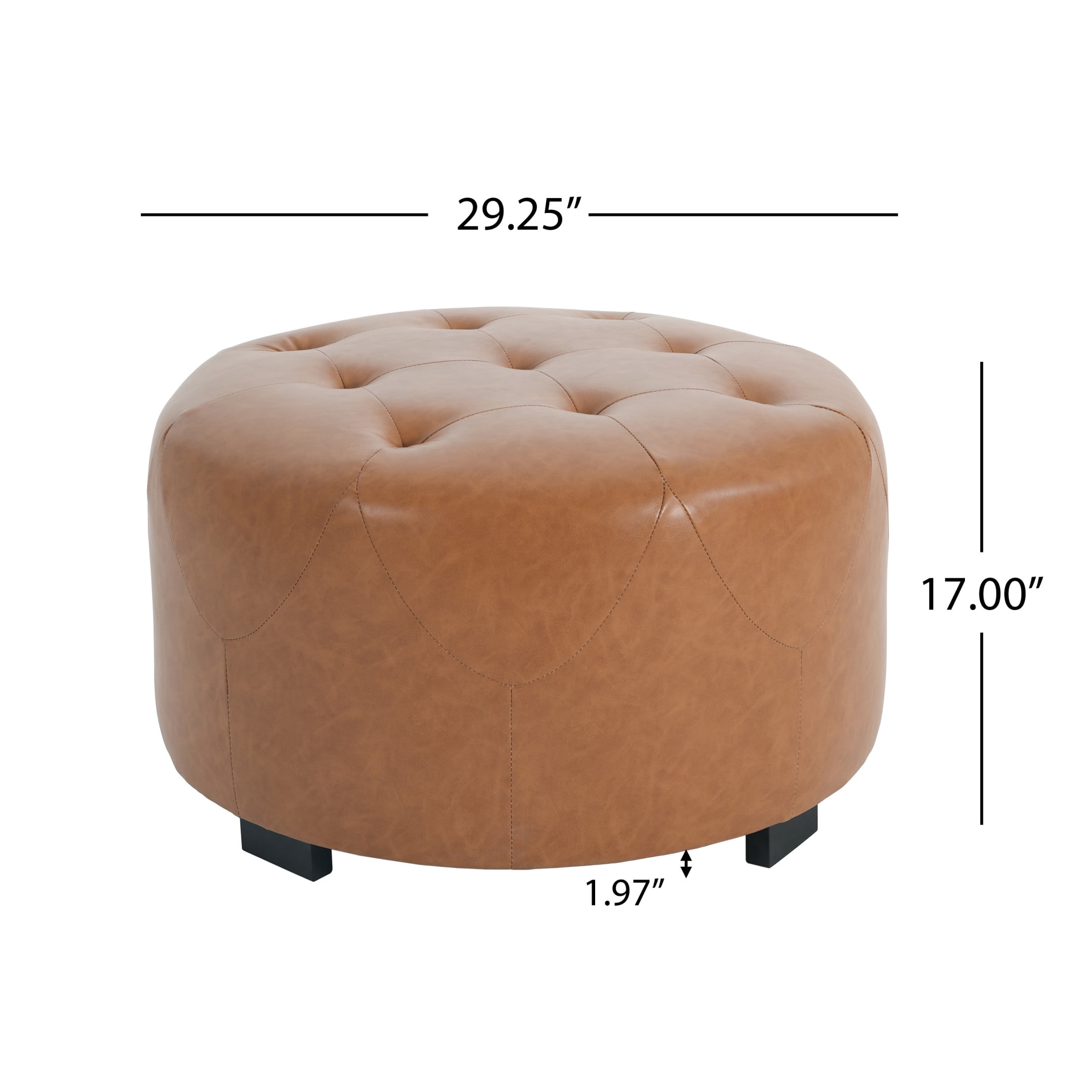 Christopher Knight Home Small Round Ottoman, Orange Brown PU Leather Button Tufted Footstool, Birch Wood Legs
