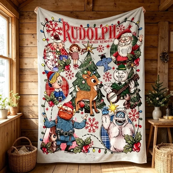 Rudolph The Red Nosed Reindeer Christmas Flannel Blanket Soft Lightweight Cozy Throw AC Blanket Kids Adults Sofa Bed Winter Holiday Home Decor Movie Night Christmas Party New Year Eve Family Gift