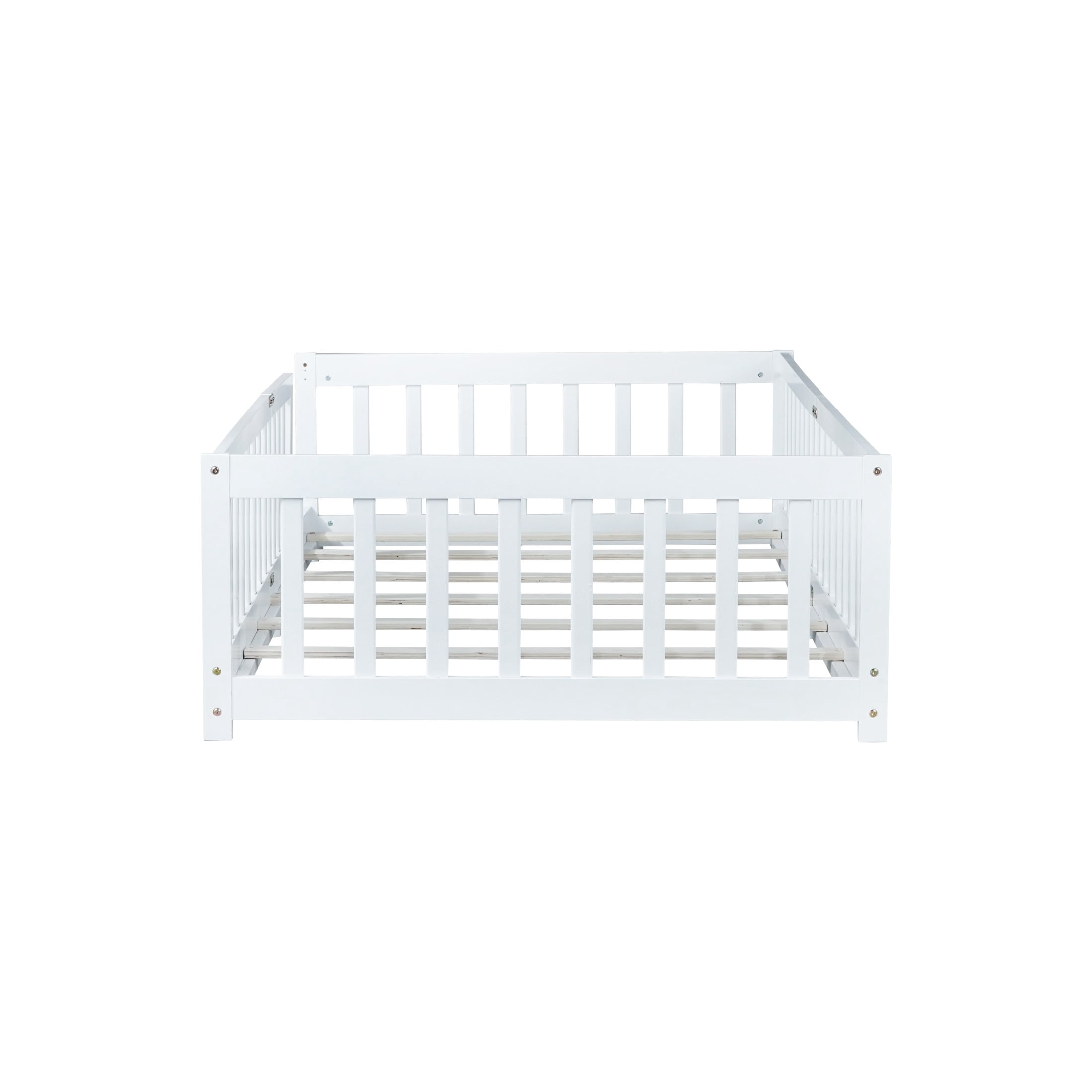 Noble House Erika Twin Floor Bed with Safety Fence, Rubber Wood Montessori Bed Frame, Kid's Room, White