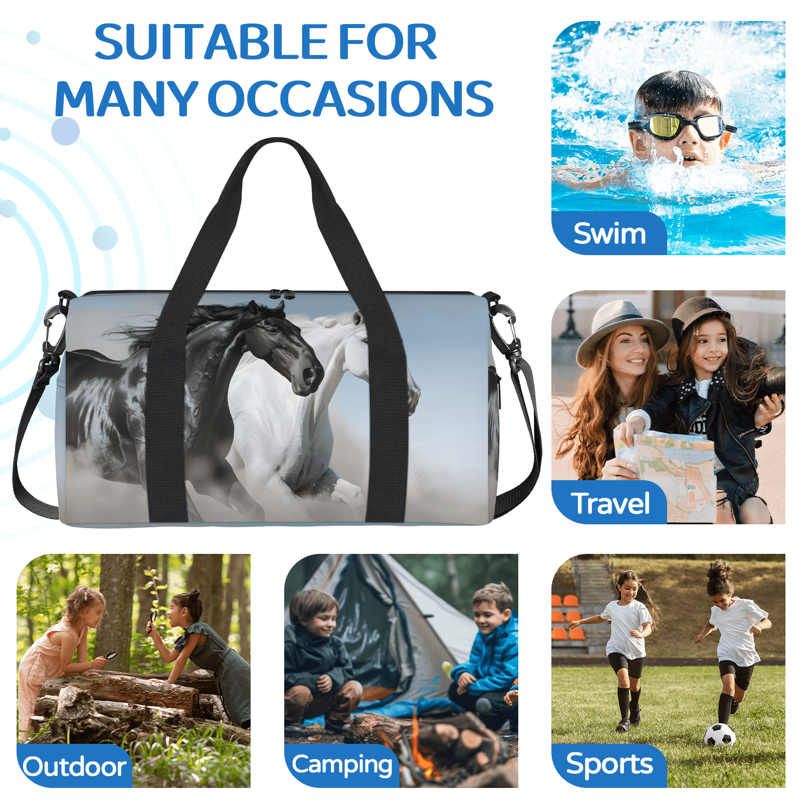 Herdesigns Horse Travel Duffle Bag Sports Yoga Weekender Overnight Carry on Workout Bags Lightweight Waterproof Gym Tote Bag for Women