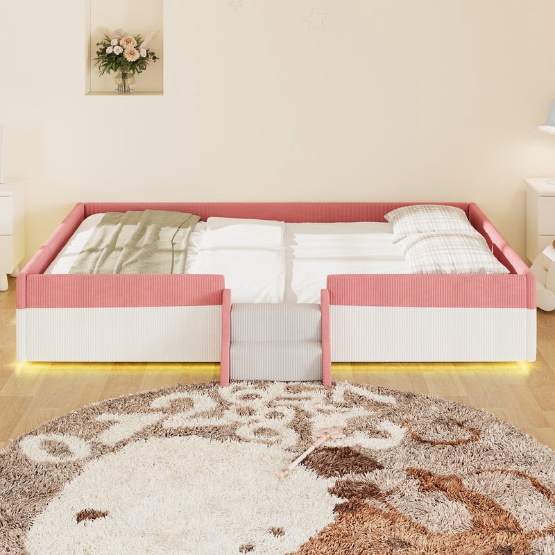 Queen Size Corduroy Upholstered Floor Bed Frame with Fence, Kids Low-Profile Platform Bed with 2-Tier Steps & Smart LED Lights