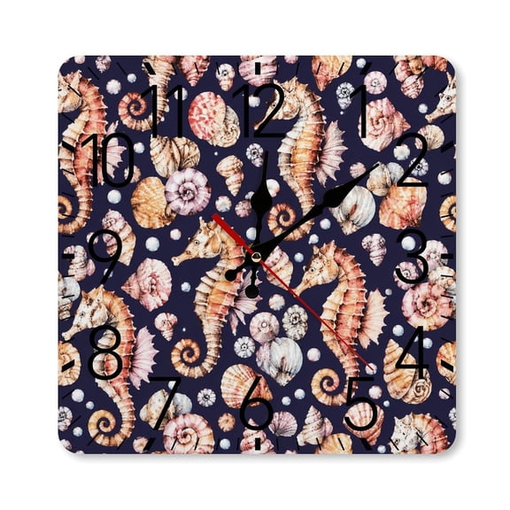 RKSupls 10×10inch Square Silent Wall Clock Wooden Frame, Navy Seahorse Shells Pattern Scale Decorative Clock for Home Bedroom Living Room Office