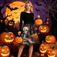 thumbnail image 5 of Women's Halloween Dress Ghost Hepburn Long Sleeve Fall Swing Dress Skeleton Cocktail Crew Neck Retro Tea Length Dress with Belt 2XL, 5 of 6