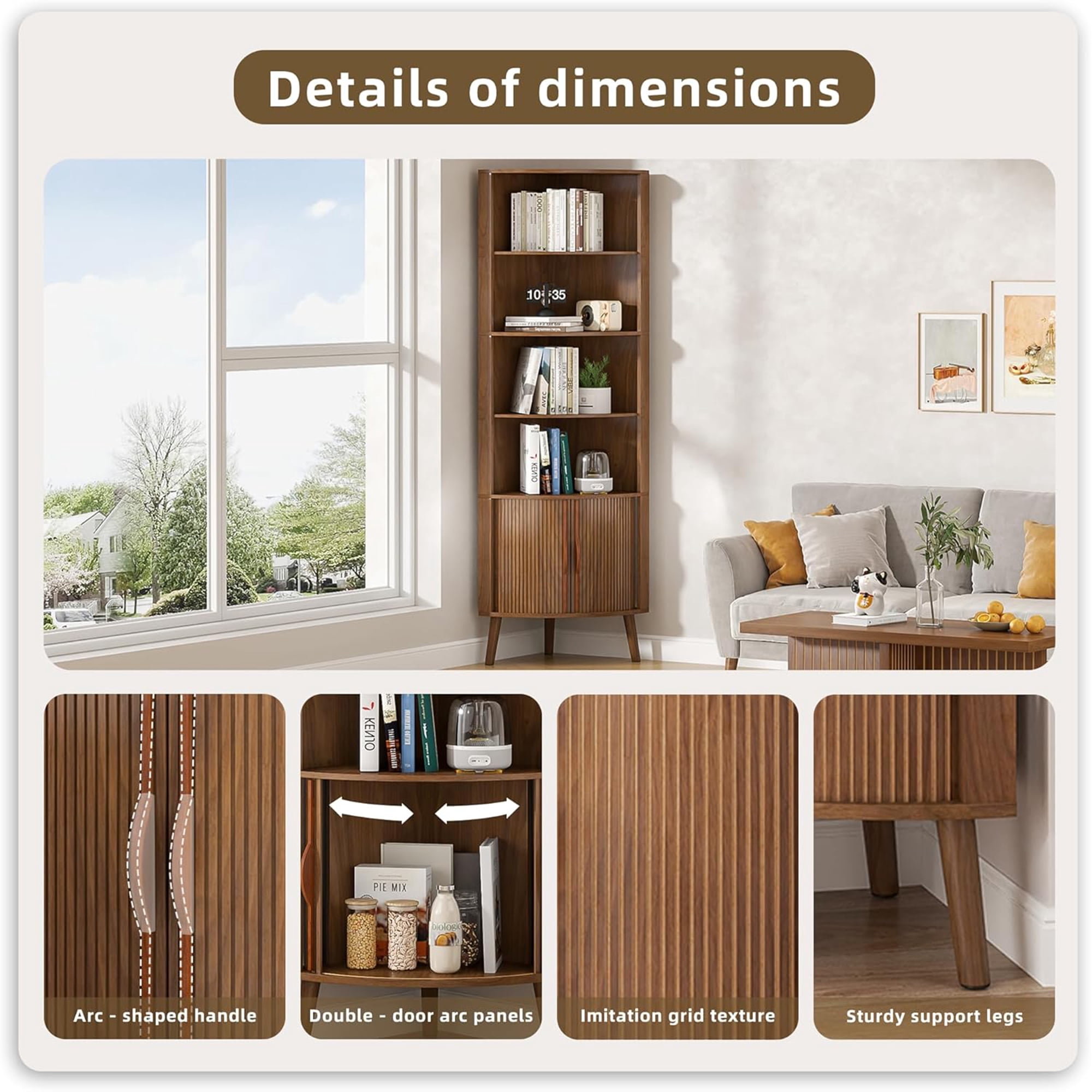 Bathroom Tall Corner Cabinet with Doors, Freestanding Corner Storage Cabinet for Kitchen, Living Room, Walnut