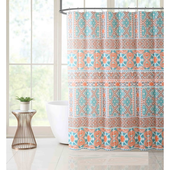 Victoria Classics White Teal and Coral PEVA Shower Curtain Liner Odorless, PVC and Chlorine Free, Biodegradable, Mildew Free, Eco-Friendly Size 72in x 72in (Madrid Coral)