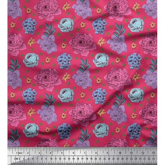 Soimoi polyester Crepe Fabric Leaves,Periwinkle & Peony Floral Decor Fabric Printed Yard 42 Inch Wide