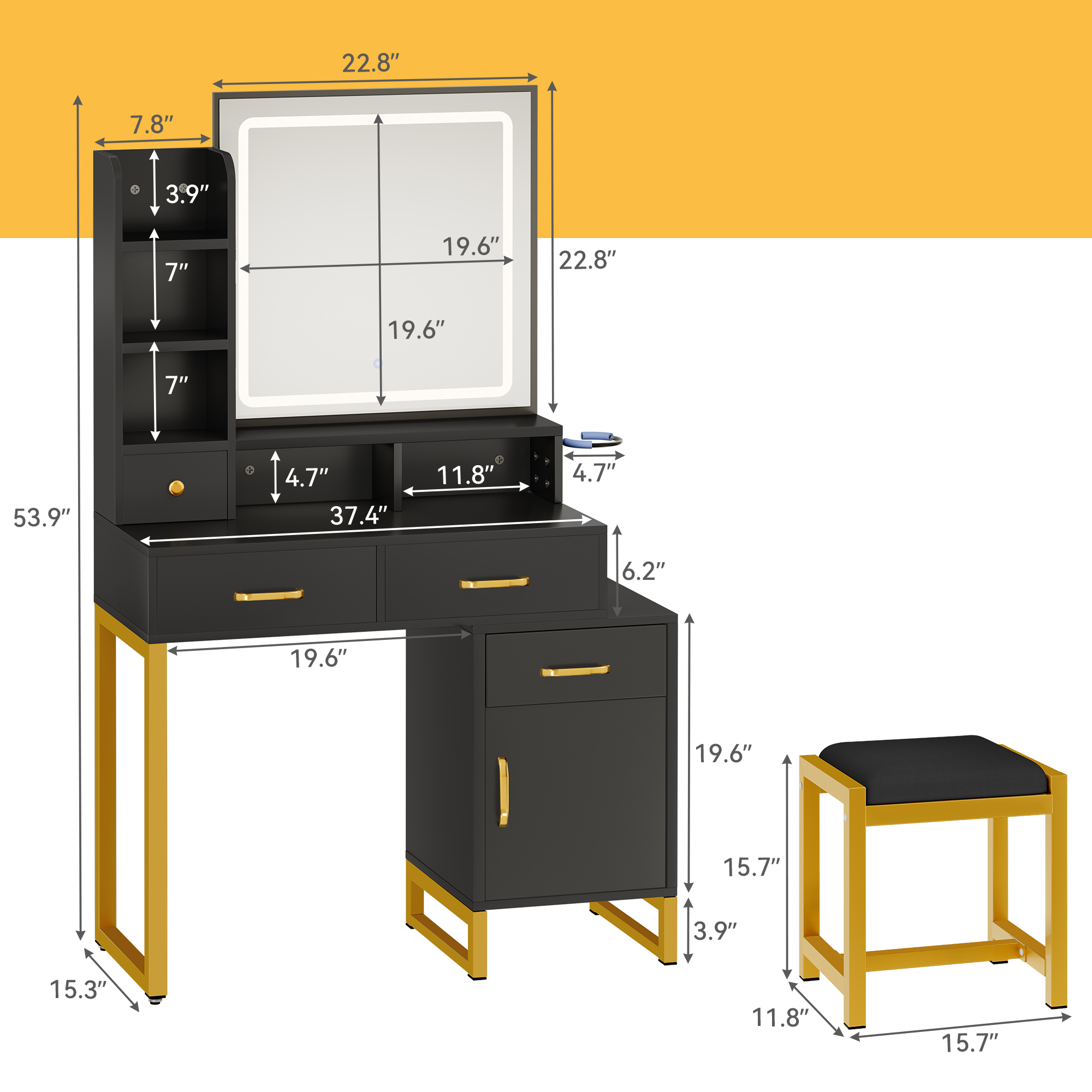 Uforic Makeup Vanity with Adjustable LED Lighting, Mirror, Power Outlet, and Drawers - Black