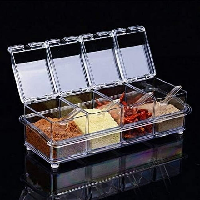 Caja transparente para condimentos, 4 piezas, recipiente transparente para almacenamiento de condimentos para especias, sal, azúcar, vinagrera, tarros de condimentos con cucharas