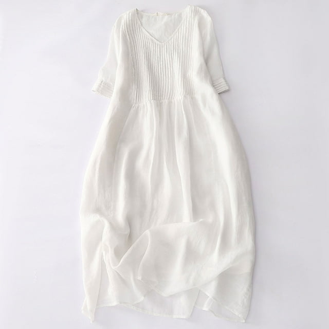 TIMIFIS Robe en Coton et Lin pour Femme Décontractée Ample Robe d'Été Longue Robe à Manches Courtes Robes Maxi Été Grande Taille Robe de Plage Printemps