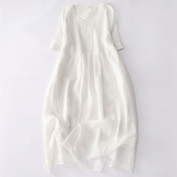 TIMIFIS White Women's Cotton Linen Dress Casual Loose Sundress Long Dress Short Sleeve Maxi Dresses Summer Plus Size Beach Dress pring