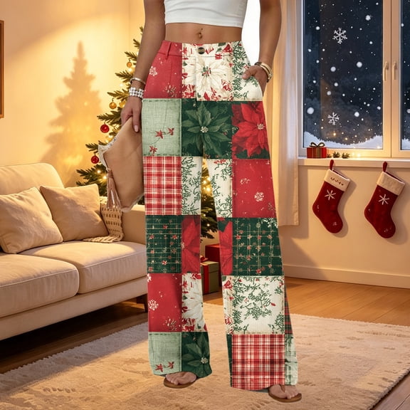 2026 Women's Loose Fit Christmas Print Pajama Pants for Sleep and Casual Home Wear Comfy Long Wide Leg Lounge Pants