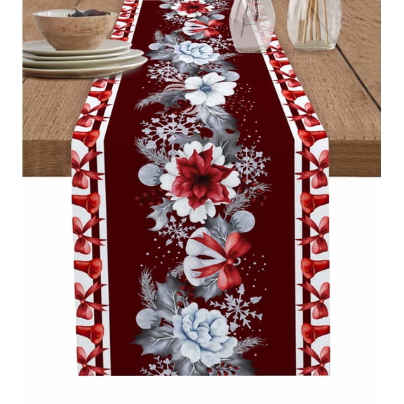 Red Christmas Botanical Burlap-Cotton Table Runner 120 Inches Long,Xmas Poinsettia Botanical Farmhouse Table Runners,Outdoor Dining Tablecloths Decor for Baby Shower Party Wedding 13x120