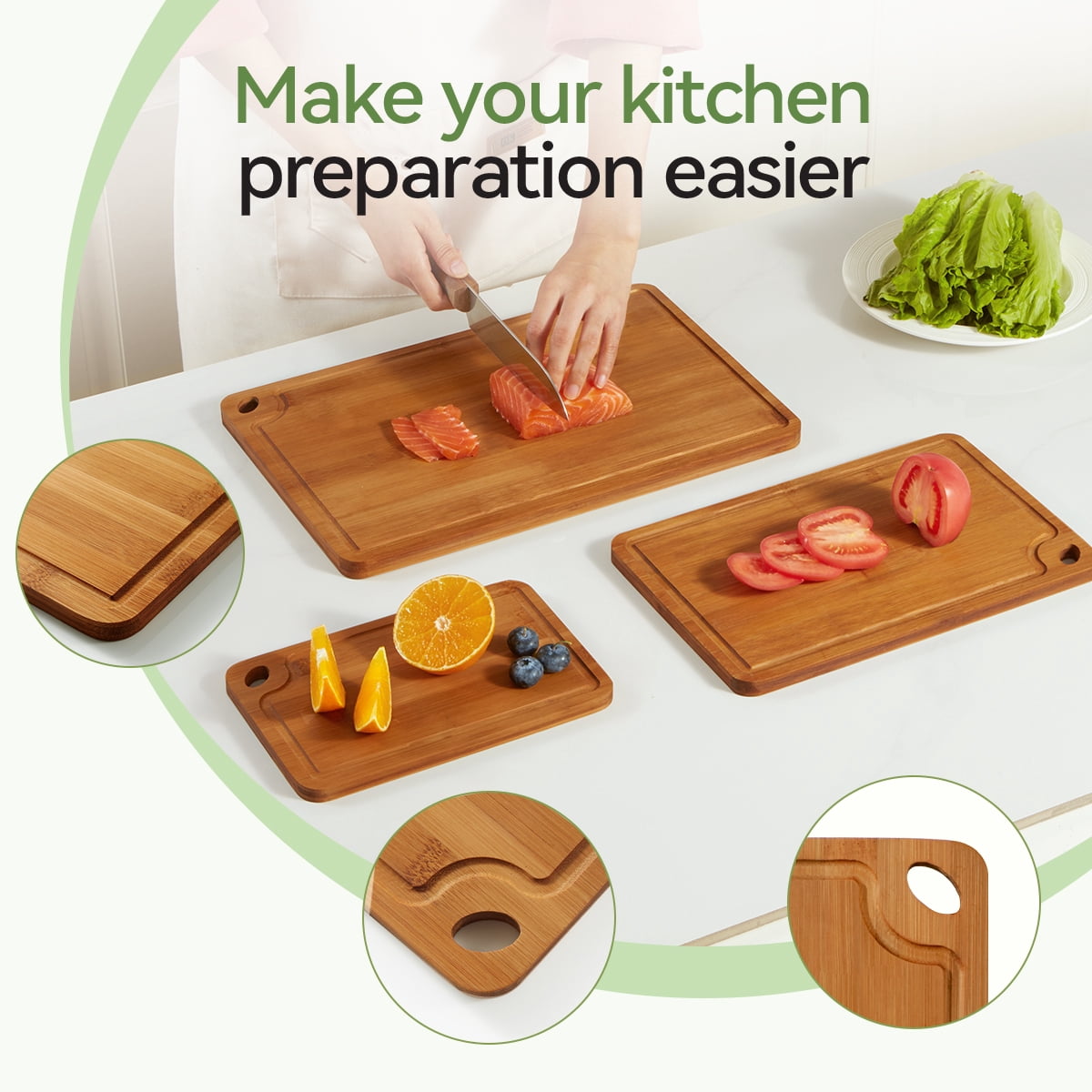 Bamboo Cutting Board Set, 3 Piece Kitchen Boards with Deep Grooves, Double-Sided Design, Hanging Holes, Large 15x10, Medium 12x8, Small 9x6 Inches