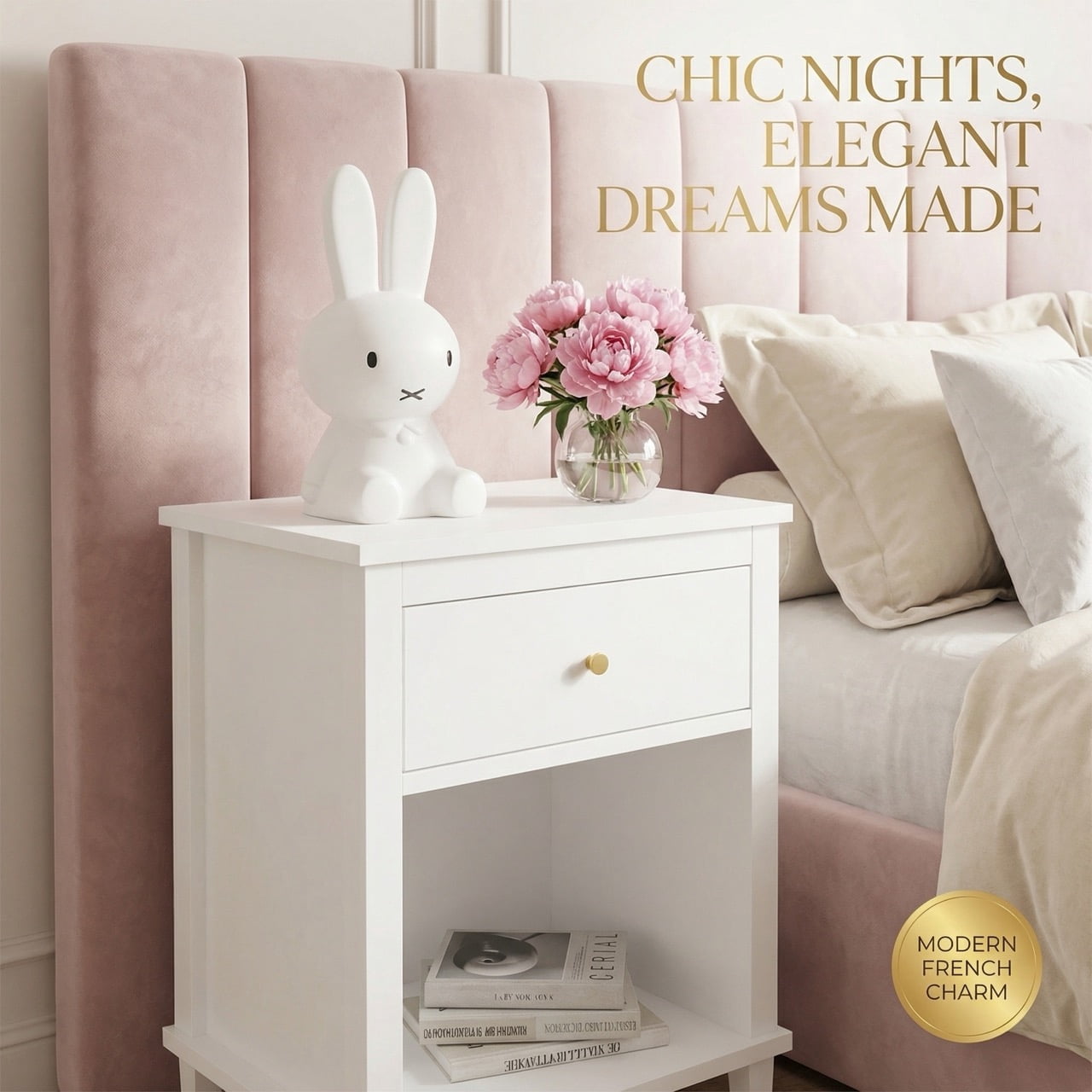 Modern White Nightstand with Gold Handle, Tall Bedside Table with 1 Drawer and Open Storage Shelf, Wooden End Table for Bedroom & Living Room, 26.8" H